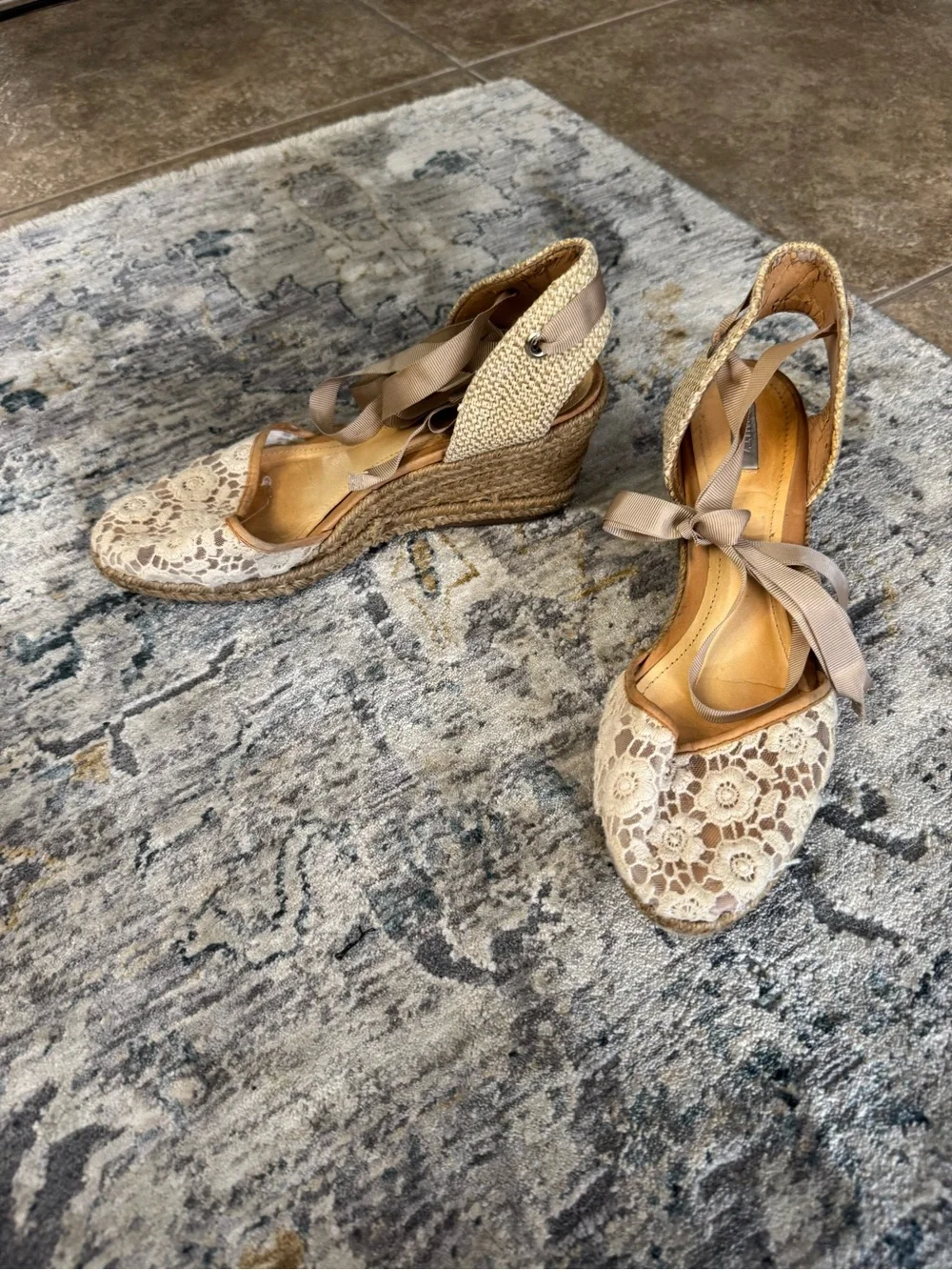 SCHUTZ Beige Lace Espadrille Wedges with Taupe Ankle Tie